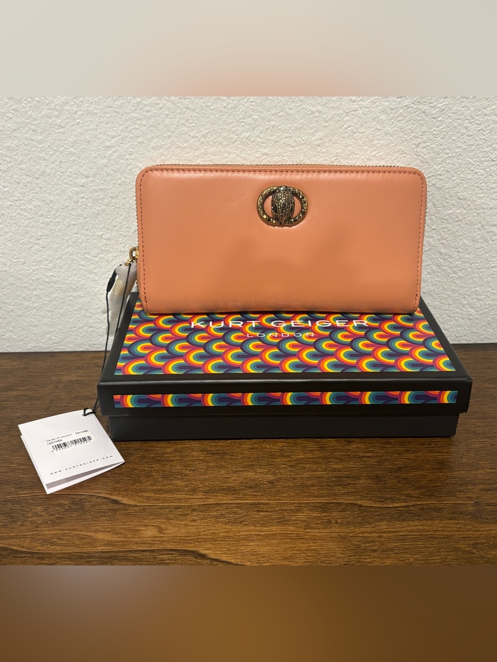 Kurt Geiger Peach Leather Zip Wallet with Gold Emblem